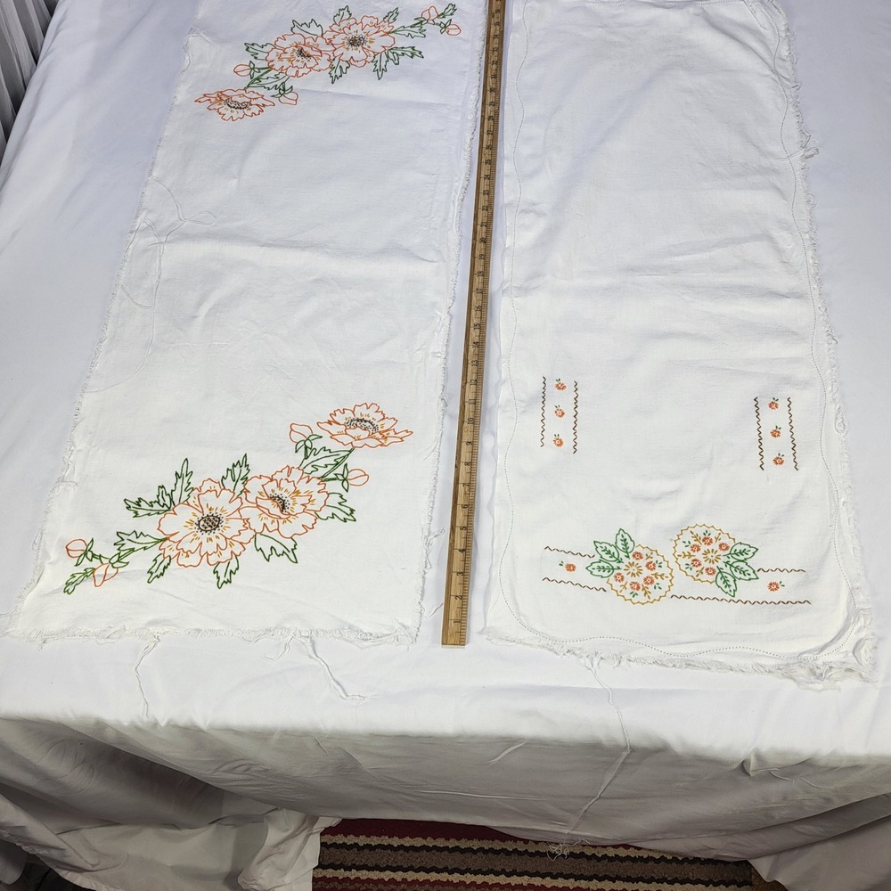 Vintage Hand Embroidery Orange Floral Unfinished Linen Table Runners Panels 2pc